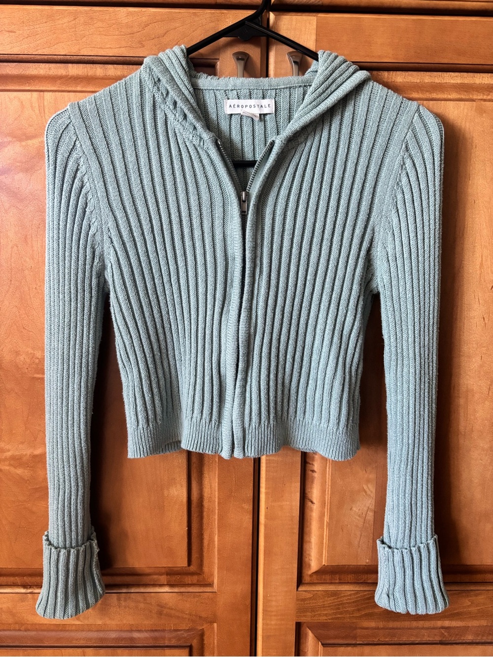 Aeropostale Ribbed Zip Front Hooded Cropped Cardigan